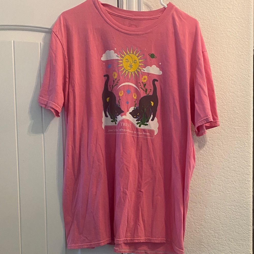 PacSun Pink Graphic T-Shirt with Cat Design, Sz ONESIZE